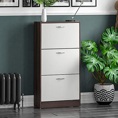 Vida Designs Shoe Cabinet, Wooden Shoe Storage Unit with 3 Pull-Down Drawers, Multifunctional Dust-Proof Space-Saving Slim Cupboard for Hallway or Entryway (Walnut & White)