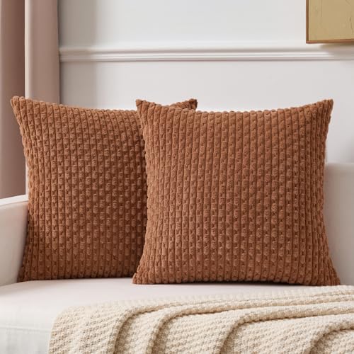 Kevin Textile Soft Corduroy 18x18 Inch Pillow Covers 2 Pack, Burnt Orange - Fall Boho Stripe Plush Corduroy Decorative Throw Cushion Pillow Cases Modern Farmhouse Home Decor for Sofa Couch Bed