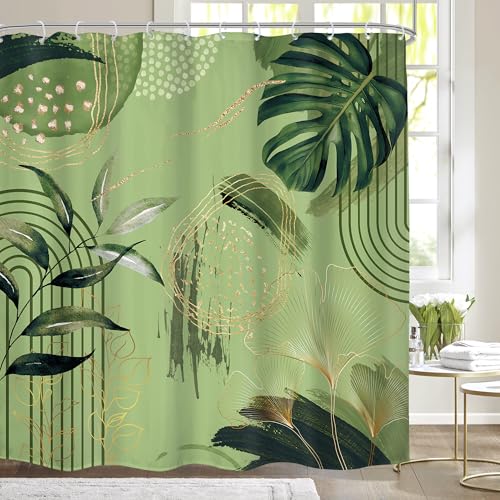 "Sage Green Mid Century Boho Abstract Tropical Bathroom Shower Curtain Set - Bohemian look 72""W x 72""L. waterproof HD print, quick-dry fabric and free hooks for easy setup."