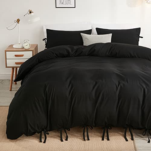 annadaif Black Duvet Cover Queen Size, 3 Pieces Duvet Cover Set - Soft Washed Comforter Cover ,Bowknot Bow Tie, (1 Duvet Cover 90x90 Inch, 2 Pillowcases) ,Easy Care Bedding Set