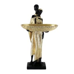 Dwelloria African Couple Resin Tray Sculpture ??? Black and Gold Decorative Bowl Statue for Entryway, Vanity, Coffee Table, Key Candy Jewelry Holder, Ethnic Art Home Decor Gift