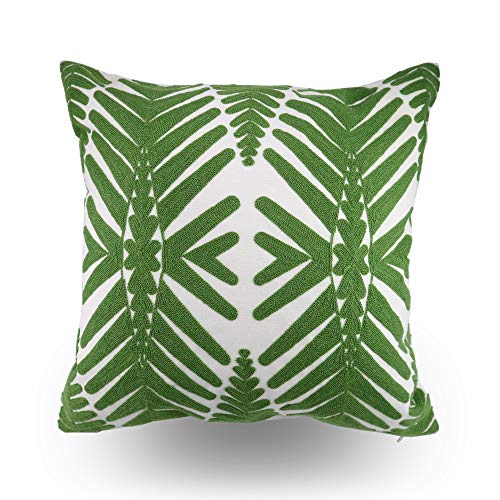 Hodeco Tropical Leaf Embroidery Throw Pillow Covers 18x18 Inches Decorative Floor Pillow Cover for Couch Green Leaf 100% Cotton Cushion Cover Symmetric Palm Leaves Embroidered 45x45cm, 1 Piece