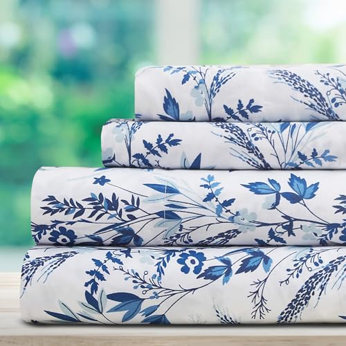 DREAMCARE King Size Sheets - Floral Sheets King Size Bed Set - 4pcs King Sheet Set - Cooling Bed Sheets - King Size Sheet Sets - Soft & Long Lasting - Floral Blue