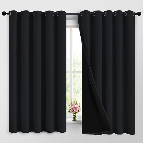 Yakamok 100% Blackout Curtains for Bedroom, 2 Thick Layers Thermal Insulated Grommet Total Blackout Drapes with Black Liner for Living Room (62Wx63L,Black, 2 Panels)