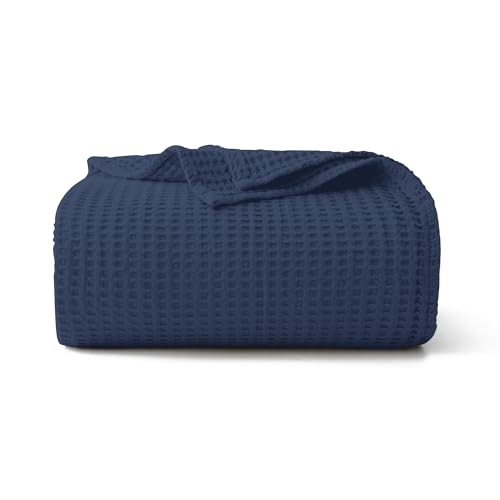 "100% Cotton Waffle Blanket, Pre-Washed and Anti-Shrinkage Soft Lightweight Bed & Couch Blanket, 380 GSM Waffle Weave Throw Blanket for All Seasons(Navy Blue - Twin Size - 66"" * 90"")"