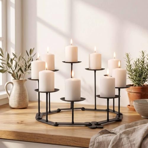 Adjustable Candelabra Candle Holder: Black Iron Candelabra Fireplace Candle Holder for Pillar Candles 9 Candles