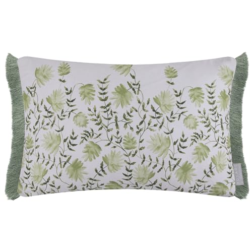 Voyage Maison Elai Feather Filled Cushion – Watercolour Floral Block Print Ruche Trim Boho Country Décor (Sage - 40x60cm)