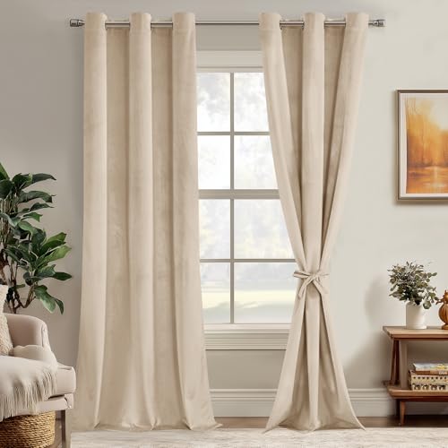 JIUZHEN Beige Velvet Curtains 84 inches for Living Room - Thermal Insualted Room Darkening Grommet Thick Velvet Window Drapes for Bedroom/Dining Room, Set of 2 with Tiebacks, 42W x 84L