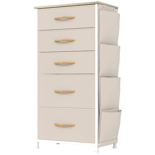YITAHOME Narrow Chest of Drawers with 5 Drawers, Fabric Drawers with Side Pocket&Hooks,Easy Pull Handle,Sturdy Steel Frame,Storage Drawers for Bedroom, Closet, Clothes,Beige