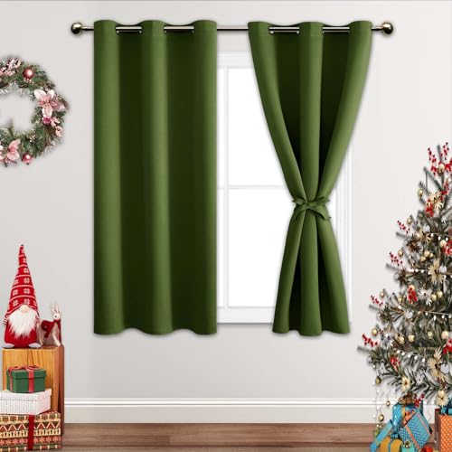 JIUZHEN Olive Green Blackout Curtains for Bedroom - Light Blocking and Noise Reducing Grommet Curtains for Living Room Darkening Curtains, Set of 2 Window Curtain Panels, 38 x 54 Inch Length