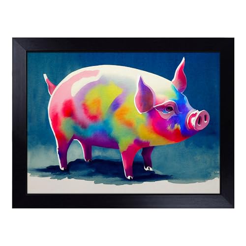 Lap Tray with Bean Bag Cushion, Watercolour Pig Abstract - Handmade in the UK, Raised Wooden Edge, Padded Cushion, Heat-Resistant Wipe-Clean Surface, for Meals, Laptops and Crafts