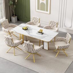 Merax Dining Chairs Set of 6, Modern Upholstered Seat for Kitchen, Living Room, or Bedroom, Luxurious Leisure Swivel Armchair with Sturdy Metal Legs and Soft Velvet Upholstery, Beige