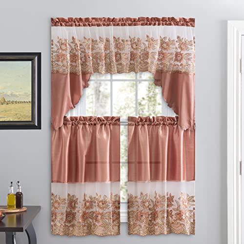 American Linen 3-Piece Sequin Embroidered Caf?? Curtain Set - 3-piece curtain set with matching valance and tiers. Floral embroidery, sequin accents, semi-sheer light-filtering fabric.