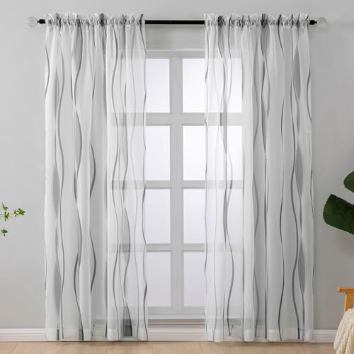 L.Z.E White and Grey Sheer Curtains 96 Inch Long 2 Panels Set for Living Room, Voile Sheer Curtains & Drapes for Bedroom Dining Room Kids Room, Modern Rod Pocket Wave Pattern Window Sheers (55W x 96L)