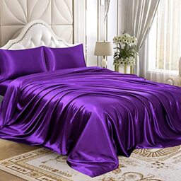 Homiest 4pcs Satin Sheets Set Luxury Silky Satin Bedding Set with Deep Pocket, 1 Fitted Sheet + 1 Flat Sheet + 2 Pillowcases (Queen Size, Purple)