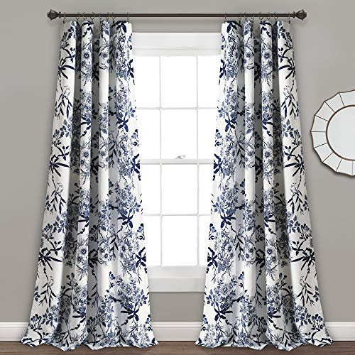 "Lush Decor, Navy Botanical Garden Curtains Floral Bird Print Room Darkening Window Panel Drapes Set for Living, Dining, Bedroom (Pair), 95"" x 52"", 95 in x 52"