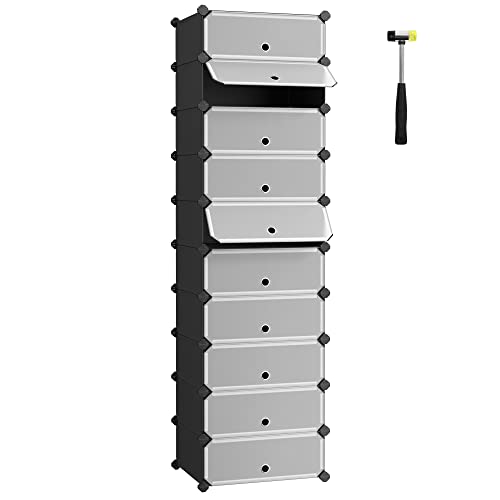 SONGMICS Interlocking Shoe Rack, Rectangular Storage Organiser, 10 Slot Modular DIY Storage Shelf Unit, 40 x 30 x 17 cm for Each Slot, Plastic Wardrobe with Doors, Black LPC10HV1