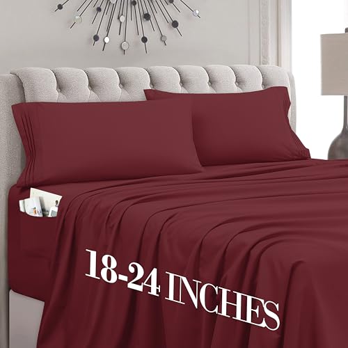 Mocassi Queen Size 4-Piece Bed Sheet Set - 1800 Premium Hotel Quality Microfiber 18-24 Inches Extra Deep Pocket Fitted Sheet- Luxury Soft, Breathable, Wrinkle, and Fade Resistant, Burgundy