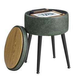 VASAGLE EKHO Collection - Storage Ottoman, Dressing Table Stool, Synthetic Leather with Stitching, Mid-Century Modern, Round Storage Stool Seat with Steel Legs, Loads 150 kg, Forest Green LOM005C51