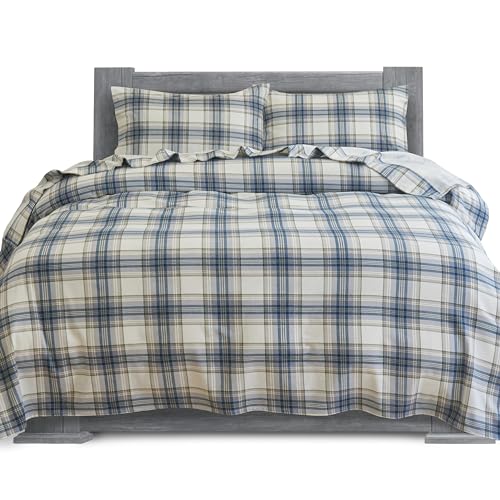 Elegant Comfort Soft 4-Piece 100% Turkish Cotton Flannel Sheet Set - Premium Quality, Deep Pocket Fitted Sheet, Ultra Soft, Cozy Warm and Anti-Pill Flannel Sheets - Cali King, Plaid-Navy/Aqua