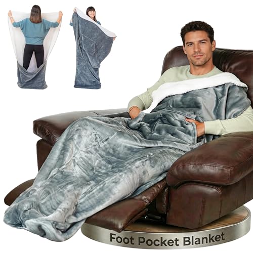 "EzrAllora Premium Double Layer Foot Pocket Blanket with Marsupial Pocket –67""x40""- TV Throw - Gifts for Men Who Want Nothing - Gifts for Dad - Lap Blanket (Double Layer Sherpa-Fleece, Silver Grey)"