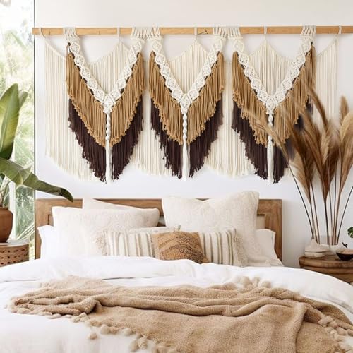 "IOWER Boho Chic Macrame Wall Hanging 47"" W x 25"" L Large Macrame Wall Hanging Brown Macrame Wall Hanging with Tassel Details Stylish Room Accent"