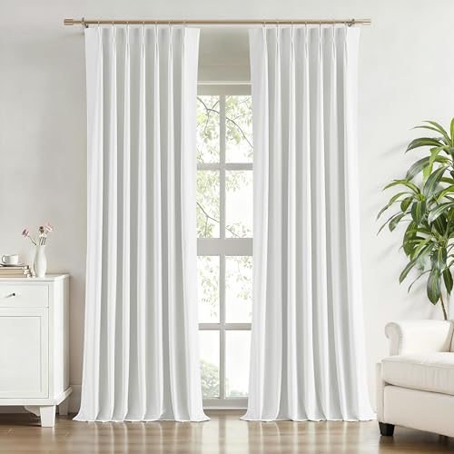 "Vision Home White Velvet Pinch Pleated Full Blackout Curtains Room Darkening Modern Pleat Velvet Drapes 84 inch for Living Room Bedroom Thermal Insulated Window Panels with Hooks 40"" Wx84 Lx2"