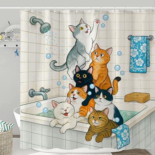 Kanuyee Cozy Cat Shower Curtain Set Playful Bathtime Scene Waterproof Bathroom Shower Curtain Cute Animal Fun Print Inviting Home Decor 72x72 Inch