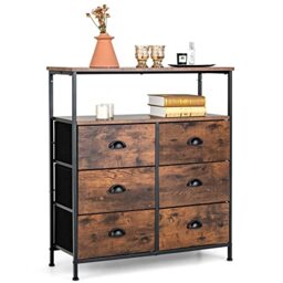 CASART Chest of Drawers, Wooden Dresser Chests with Metal Handles, 5/6 Folding Drawers Sideboard Cabinet for Bedroom Living Room Hallway (Rustic Brown, 6 Drawers+Shelf-80 x 30 x 90cm)