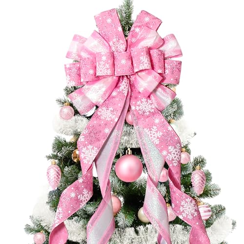 Christmas Tree Topper Christmas Wreath Bow, 52 * 13 inches Large Tree Toppers Bow with Snowflake Patterned for Xmas Tree Décor Christmas Home Indoor Outdoor Decoration Pink