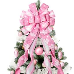 Christmas Tree Topper Christmas Wreath Bow, 52 * 13 inches Large Tree Toppers Bow with Snowflake Patterned for Xmas Tree Décor Christmas Home Indoor Outdoor Decoration Pink