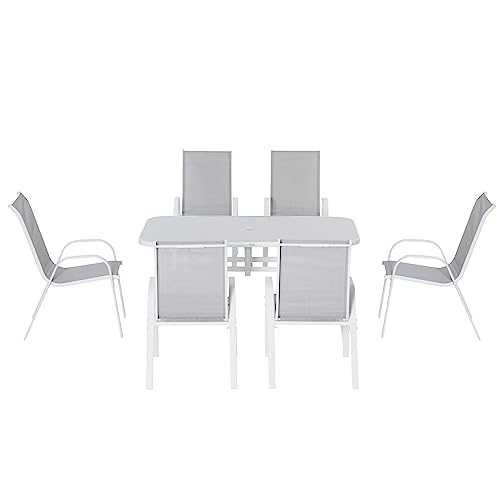 Outsunny 7 Piece Garden Dining Set with Dining Table and Chairs, 6 Seater Outdoor Furniture with Parasol Hole for Deck and Balcony, Grey