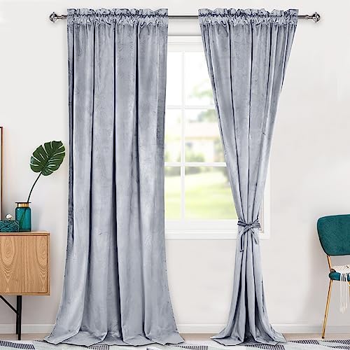 Hiasan Velvet Curtains 96 inches-Blackout Thermal Insulated Solid Soft Curtains for Bedroom Living Room Rod Pocket Room Darkening 2 Panels Window Drapes with Tiebacks, 42W x 96L, Silver Grey