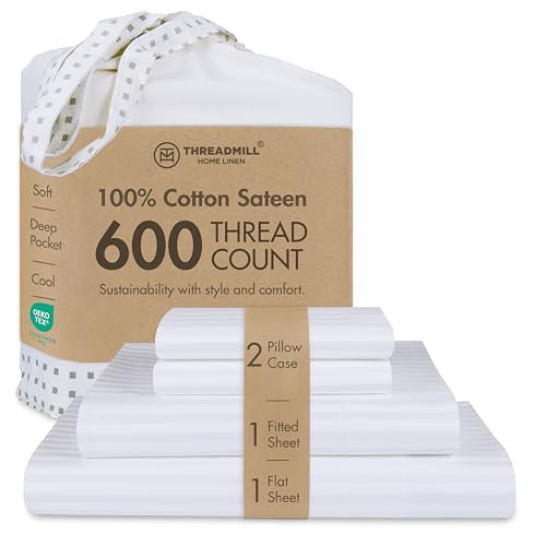 "Threadmill 600TC Cotton Full Sheet Set, Sateen, Damask Stripe, White - 100% Cotton, Sateen Weave, Damask Stripe Pattern, 4-Piece Set, 16"" Deep Pocket, Cooling, OEKO-TEX Certified, Machine Washable"