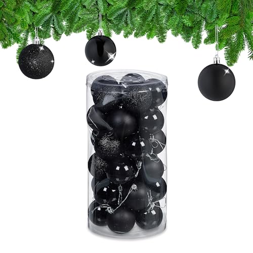 Relaxdays Christmas Bauble Set of 30, Glittery, Matt & Shiny Ornaments, Plastic Xmas Tree Balls, HxD: 7 x 6 cm, Black