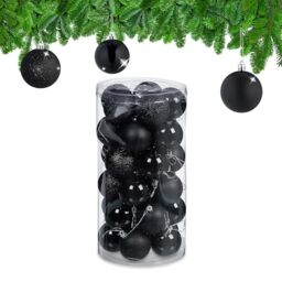 Relaxdays Christmas Bauble Set of 30, Glittery, Matt & Shiny Ornaments, Plastic Xmas Tree Balls, HxD: 7 x 6 cm, Black