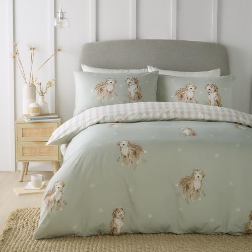 Fusion - Hattie The Cockapoo Duvet Cover - Single Bedding Size (140 x 200cm) - Reversible Designs (Gingham) - 1 Pillowcase - Green Bedding with Dogs - Checkered/Plaid Duvet Cover in Natural