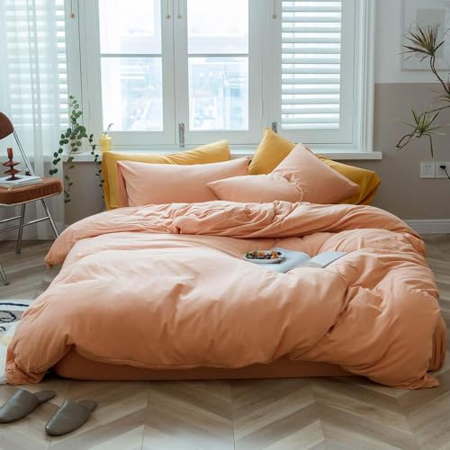 AMWAN Peach Pink Duvet Cover Set - King Size, 100% Jersey Knitted Cotton, Solid Color, Luxury Hotel Quality Bedding - 1 Duvet Cover with 2 Pillowcases