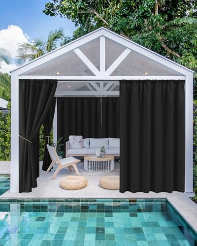Outdoor Curtains for Patio Waterproof Rod Pocket 4 Pcs 54x95 Inch Black - Weatherproof Privacy Screens, Built-In Top Slots, Multipack Shading Ideal For Porch, Gazebo, Backyard Or Balcony