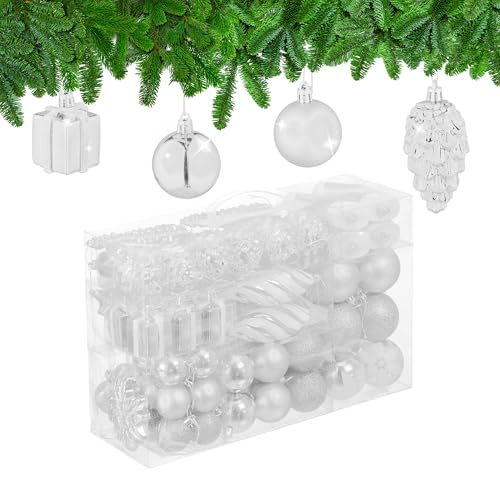 Relaxdays Christmas Ornaments, Set of 72, Glittering, Tree Decorations, Baubles & Cones, Plastic, Hearts & Boots, White