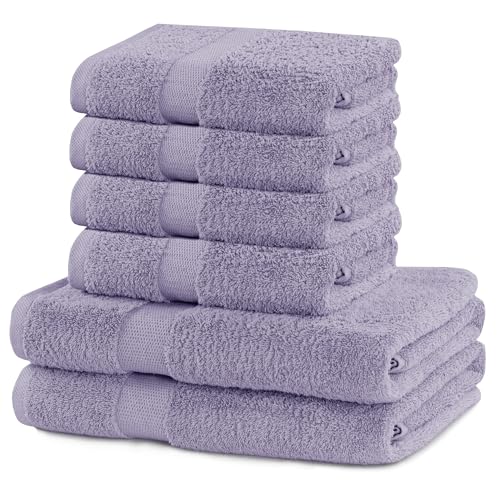 DecoKing Set of 6 Cotton Quality 525 g/m² 4 Hand Towels 50 x 100 cm and 2 Bath Towels 70 x 140 cm Purple Absorbent Marina