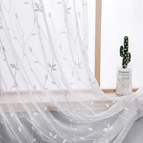 AmHoo 2 Panels Embroidered Leaf Pattern Semi Sheer Curtains Foliage Floral Voile Window Draperies Treatment for Bedroom Living Room Rod Pocket White 53 x 95 Inch