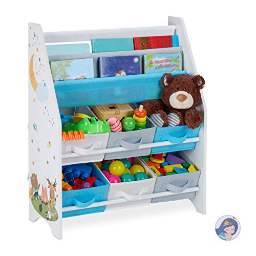 Relaxdays Children's Shelf, Animals Motif, 4 Boxes, Compartments for Books, Storage, Bookshelf, 74x62x31.5 cm, Colourful, Fibreboard