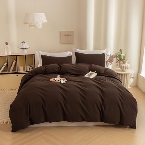ECOCOTT Duvet Cover King Size -100% Washed Cotton Linen Like Textured Breathable Durable Soft Comfy Bedding Set with Zipper Closure & Corner Ties Chocolate Brown
