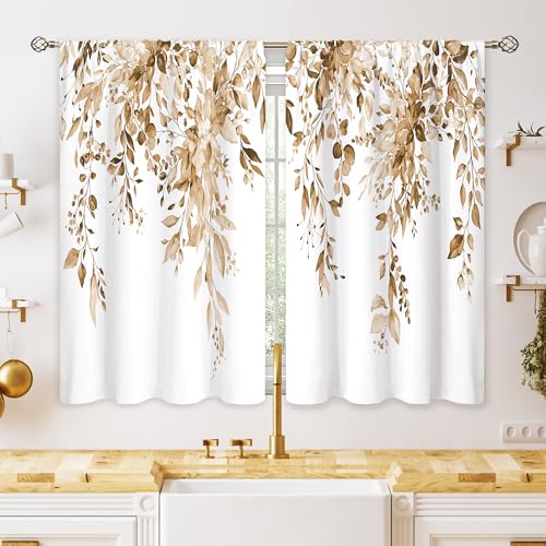 oolygoo Eucalyptus Botanical Leaves Floral Kitchen Window Curtains Over Sink Farmhouse Flower Leaf Small Window Treatment Tan Floral Cafe Short Curtains for Bathroom Treatment Tier Drapes 26x30 inch