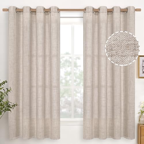 YoungsTex Linen Semi Sheer Curtains 63 Inch Length 2 Panels for Living Room - Light Filtering Drapes with Bronze Grommet Beige Window Treatments for Country Office Bedroom, 52 X 63 Inch