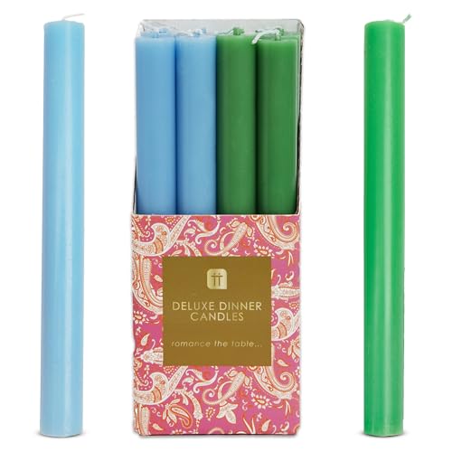 Talking Tables 12 x Green and Blue Dinner Candles, Made of Wax, These Long Candles are unscented and Have a Burn time of up to 6 Hours, 20cm in Height and 2cm in Width