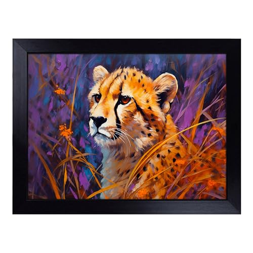Lap Tray with Bean Bag Cushion, Cheetah Expressionism - Handmade in the UK, Raised Wooden Edge, Padded Cushion, Heat-Resistant Wipe-Clean Surface, for Meals, Laptops and Crafts