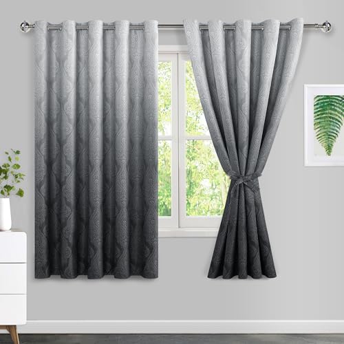 JIUZHEN Ombre Blackout Curtains for Bedroom - Damask Patterned Thermal Insulated Energy Saving Grommet Curtains for Living Room, Gradient Window Curtain Panels, Set of 2, 60 x 63 Inches Long, Black