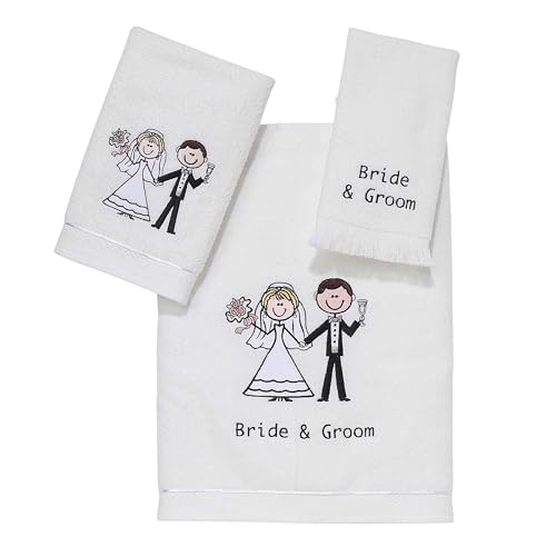 Avanti Linens 14456WHT Bride & Groom Bath Towel, Hand Towel, Fingertip Towel Set, White